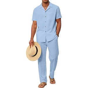 FOXA Mens 2 Piece Summer Outfit Cotton Button <b>Down</b> Shirt Loose Pants Set Breathable Beach Casual Wear - Product Image 1