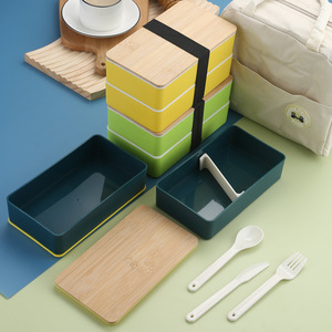 Groothandel BPA-vrije dubbelwandige stapelbare PP plastic voedselcontainer magnetronbestendig bamboe deksel bento lunchbox met bestekset - Product Image 4