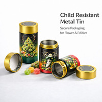 Permen Bunga Gummy Edibles dalam Kaleng Logam Tahan Anak, Kaleng Logam Bulat CR, Wadah Kaleng Bulat Tahan Anak