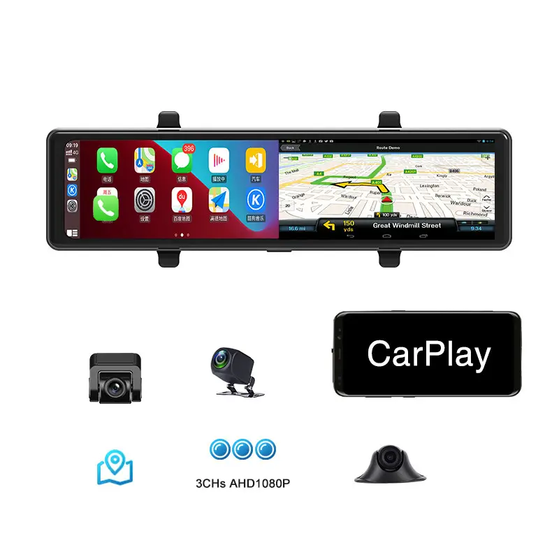 Retrovisor para carplay e android 2.5k 2560*1440p, 3 câmeras, câmeras de ré, gravação de vídeo, wi-fi, gravação de laço, telefone, app, dvr para carro