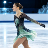 Robe de patinage artistique dégradé menthe-noir à manches longues avec strass et maille, costume de compétition de patinage sur glace personnalisé pour filles et femmes