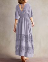 Robe longue décontractée pour femmes, style bohème, été, 2026, manches courtes, col en V, taille smockée, dentelle, couleur violette, élégante
