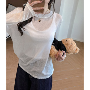 Blusa <span class=keywords><strong>transparente</strong></span> de manga larga de verano, <span class=keywords><strong>camiseta</strong></span> sexy con hombros descubiertos, top de <span class=keywords><strong>tul</strong></span> hueco estilo informal para mujer - Product Image 1