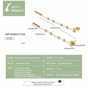 Pendientes de Cadena con Forma de Mariposa, Acero Inoxidable, Chapado en Oro de 14K al Vacío - Product Image 2