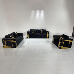 Ensemble de canapés et fauteuils de luxe en velours noir pour salon moderne, comprenant un canapé 3 places, un canapé 2 places, un canapé 1 place et un <span class=keywords><strong>fauteuil</strong></span> individuel, en tissu doré pour mobilier de maison. - Product Image 3