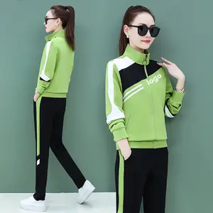 Abbigliamento sportivo da donna in due pezzi con logo personalizzato completo e mezza cerniera tute da jogging verdi e nere da donna