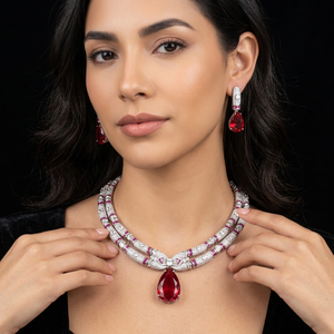 Luxury <b>Silver</b> Plated Brass Red CZ Stone <b>Choker</b> Necklace Earring Set Elegant Cubic Zirconia Costume Jewelry For Women - Product Image 1