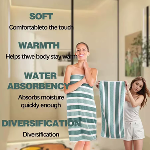 <span class=keywords><strong>Serviette</strong></span> de bain en polaire corail rayée 140*70cm, épaisse et absorbante, sans perte de fibres, grand ensemble de serviettes de bain - Product Image 6