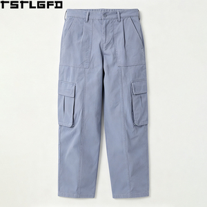 Pantalones Cargo Personalizados para Hombre, Azul Polvoriento, Sarga de Algodón, Pierna Ancha, Holgados, con Bolsillos con Solapa, Ropa de Trabajo, Estilo Urbano Y2K, Venta al por Mayor a Granel - Product Image 4