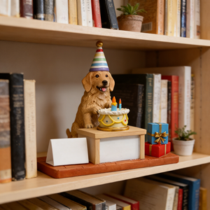 Escultura de Resina de Golden Retriever para Cumpleaños, Adorable Perro con Gorro de Fiesta a Rayas y Pastel con Vela, Celebración de Mascotas Hecha a Mano - Product Image 4