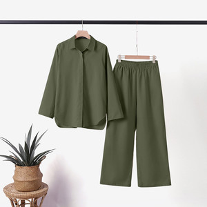 Completo Estivo da <span class=keywords><strong>Donna</strong></span> in Cotone e <span class=keywords><strong>Lino</strong></span>, Camicia a Maniche Lunghe e <span class=keywords><strong>Pantaloni</strong></span> a Gamba Larga, Abbigliamento Casual Tinta Unita - Product Image 2