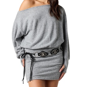 Vestido Mini de Verano Informal de Alta Calidad Personalizado, de Punto, de Algodón, con Hombros Descubiertos, Cuello Redondo, Manga Larga, Ajustado, con Cinturón Decorativo - Product Image 3