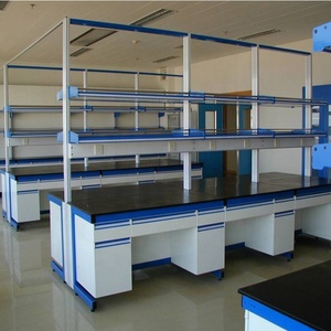 Banco central de laboratorio con marco de acero, mesa de isla, gabinete de madera - Product Image 2