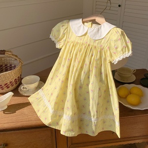 2025 estate abito Casual <span class=keywords><strong>da</strong></span> ragazza coreano in cotone floreale con rifiniture a girocollo maniche corte Color Block stile <span class=keywords><strong>principessa</strong></span> per bambini - Product Image 6
