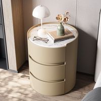 Moderner Luxus-Nachttisch aus Holz mit Marmoroptik in Weiß, Beige und Grau, 3 Schubladen, Leder, schwebendes Schlafzimmermöbel, elegantes Design