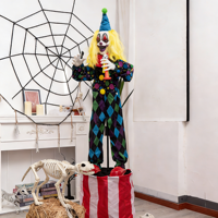 1,9 m Clown fou d'Halloween avec trompette, à mouvement et éclairage électriques activés par le mouvement, pour décoration de maison hantée, de cour extérieure et de fête