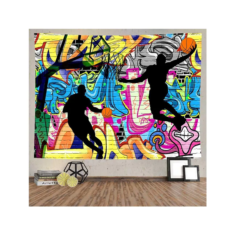 Graffiti nostálgico Pared de arte callejero 80x60 pulgadas niños baloncesto tiro silueta arte Tapesrty