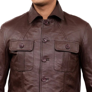 High Quality British New Style Fashion Fitted <b>Canvas</b> Stand Collar Winter High Street Style Brown PU Leather <b>Jackets</b> for Men - Product Image 3