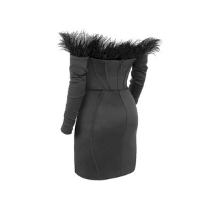 Robe de soirée moulante à manches longues, Corset Sexy de couleur noire avec épaules dénudées, plumes, personnalisée, nouvelle collection - Product Image 5