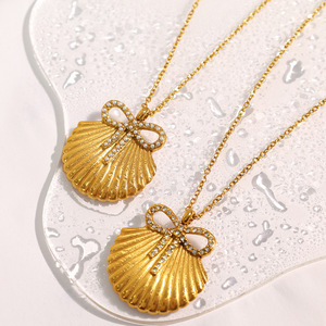 Stainless Steel Shell Bow Rhinestone Earrings And Necklace <b>Set</b> Women's Party Jewelry Fashion Gold Tone <b>Crystal</b> Claw Setting - Product Image 2