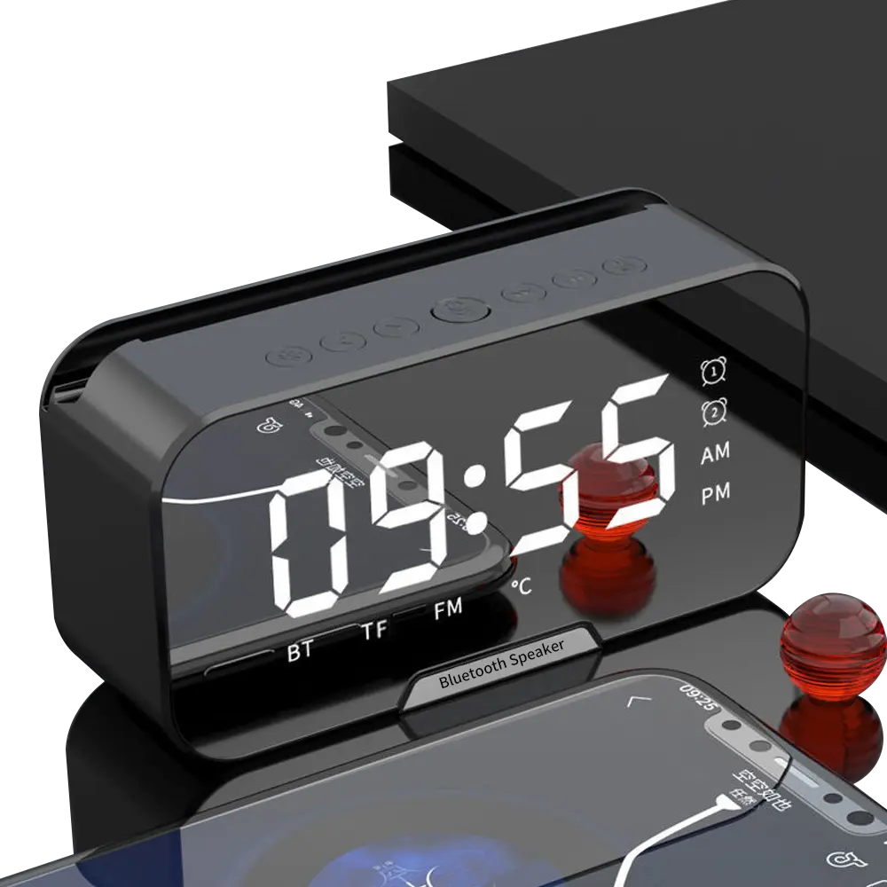 Alarm Clock Radio Bluetooth Speaker Super Sound Hands-free Mini Speaker LED Mirror Clock Wireless Altavoces