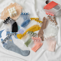 Chaussettes transparentes en soie et Nylon pour femme, été, mignon, fin, Transparent, cristal, dentelle, soie, perles