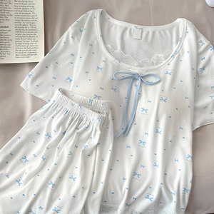 Set Estivo Personalizzato OEM in Due Pezzi, Modal a Coste con Stampa e Reggiseno Integrato, <span class=keywords><strong>Pigiama</strong></span> e Completo Loungewear per Donna - Product Image 3