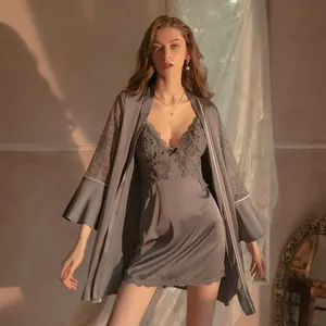 Women's Luxury Sleepwear Embroidery Lace <b>Cami</b> Dress and Flared Belt Robe 2pcs Sexy Nightdress Set - Product Image 1