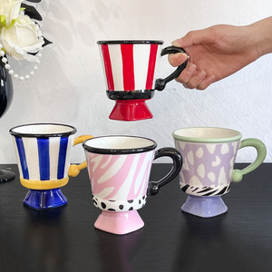 Creative High Footed Ceramic Coffee Cup Nordic Colorful Striped Tea <b>Mug</b> - Product Image 6