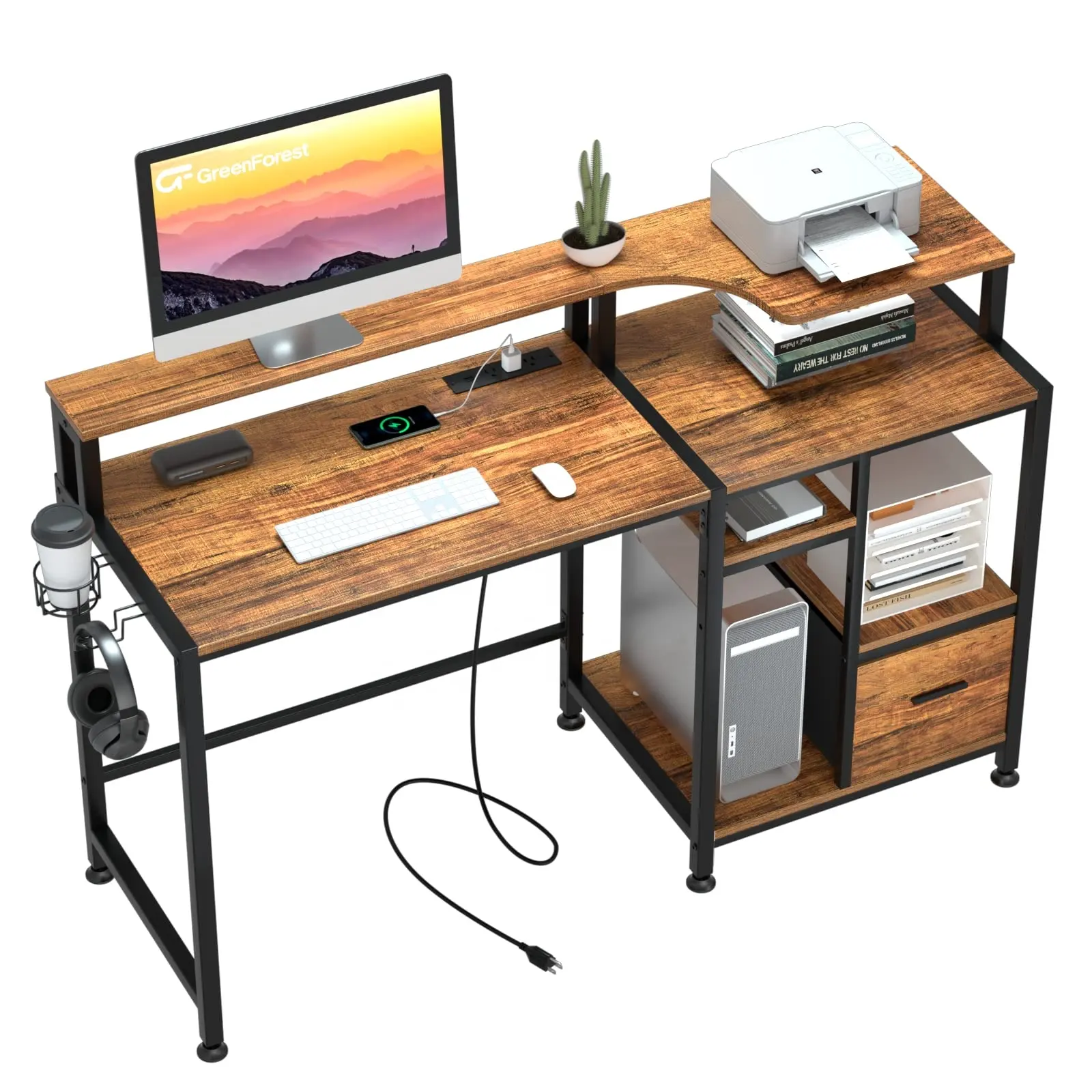 Escritorio moderno para ordenador de oficina con cajones y estación de carga, escritorio de madera con soporte para impresora y soporte para monitor