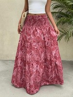 Rok maxi berpinggang tinggi motif cetak Eropa dan Amerika, gaya resort dan kasual; Rok model A-line dengan lapisan berjuntai.