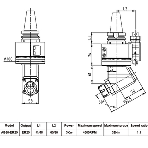 หัวกัดมุมฉากสำหรับเครื่องจักรกล AG60-ER25 ที่ยึดเครื่องมือแบบ Er Collet หัวกัดมุมปรับได้ BT40 - Product Image 2