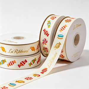 Ruban gros-grain en polyester imprimé bonbons colorés avec logo personnalisé pour emballage de boîtes de friandises pour enfants, vente en gros en rouleau - Product Image 3