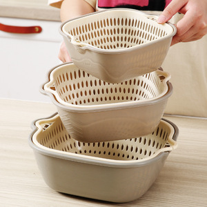 Double Layer Vegetable Washing Basin Set With Drain Basket For Kitchen Fruit Cleaning Household Use Square <b>Colander</b> <b>Strainer</b> - Product Image 1
