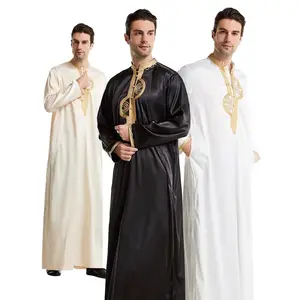 2023 Wholesale Solid Men Muslim Saudi Arab Middle East Round Sleeves Kaftan Moroccan Embroidered Islamic Thobe Suit