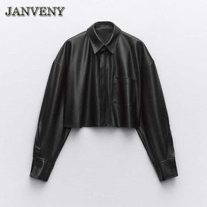 JANVENY 2024 primavera autunno <span class=keywords><strong>camicia</strong></span> ampia <span class=keywords><strong>giacca</strong></span> di pelle donna manica lunga tasca anteriore Versatile camicetta corta in <span class=keywords><strong>ecopelle</strong></span> cappotto - Product Image 4