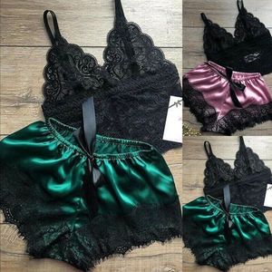 King Mcgreen Star Mujeres Sexy Lace Halter <span class=keywords><strong>Top</strong></span> Shorts Pijamas Set Mujeres Pijamas Ropa interior Sexy Seda Satén Lencería - Product Image 4