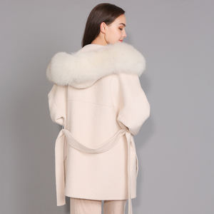 Cappotto di <span class=keywords><strong>pelliccia</strong></span> di Cashmere autunno inverno all'ingrosso di colore solido alla moda con cintura da donna in Cashmere con cappuccio - Product Image 5