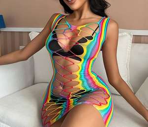 Top Corto de Rejilla Colorido y Sexy King Mcgreen Star, <span class=keywords><strong>Minifalda</strong></span>, Tanga, Lencería Erótica para Mujer, Transparente, a Rayas, Hueca, Arcoíris - Product Image 2