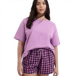 Women's Purple Solid <b>Short</b> Sleeve <b>Top</b> With Plaid <b>Shorts</b> <b>Set</b> O-Neck Loose Fit Casual Spring Summer Wear 100% Cotton - Product Image 1