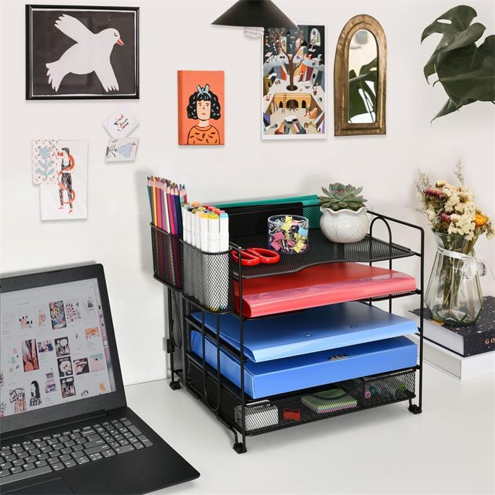 Guangzhou Manufacturer OEM ODM 4 Tier Metal Mesh Office Desk File Organizer With Drawer And Pen Holder Mesh Desk Organizer