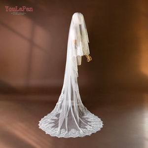 Voile de mariée YouLaPan V323, longueur cathédrale, une couche, bord coupé, fait main, brodé de dentelle, sans peigne, pour cérémonies de mariage - Product Image 2