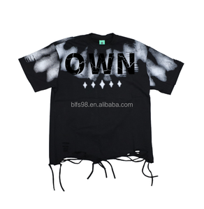 Camiseta Oversize de Algodón de Manga Corta con Cuello Redondo, Estilo Urbano con Estampado de Letras y Dobladillo Deshilachado, Ropa Casual para Hombre - Product Image 4