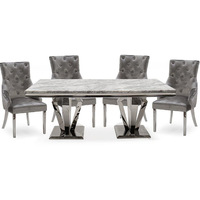 Ensemble de table à manger en marbre, modèle de luxe moderne et élégant, base en métal argenté, table et chaise,