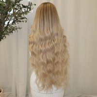 Perruque Lace Front HD de luxe extra longue, 100% cheveux humains, nœuds simples, ondulée, Ombré Blond, racine ombrée, respirante, avec effet de fusion de la ligne des cheveux