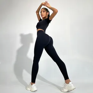 8 colores ropa deportiva sin costuras mujeres Scrunch Hip Push up Leggings manga corta Top gimnasio entrenamiento ropa 2 piezas Fitness Yoga conjuntos - Product Image 5