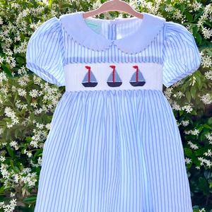 Barca a vela inglese ricamato estate tessuto a sbuffo abito a maniche corte per i più piccoli gessato <span class=keywords><strong>Peter</strong></span> <span class=keywords><strong>Pan</strong></span> colletto da ragazza di pasqua - Product Image 2