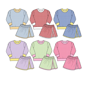 Vêtements assortis pour enfants en gros, ensemble de jupes-culottes pour filles, couleur unie, à carreaux - Product Image 4