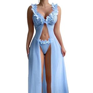 Baju Tidur Wanita Seksi Warna Pink untuk Bulan Madu, Lingerie Transparan Berenda, Gaun Panjang, Lingerie Bulan Madu Berlubang, Set Pakaian Tidur - Product Image 2