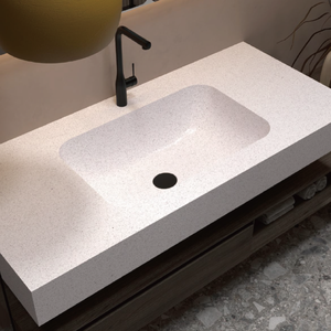 Lavabo rectangulaire mural en pierre artificielle blanc brillant moderne pour comptoir de salle de bain, lavabo suspendu - Product Image 2